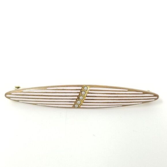 Vintage Gold Tone and White Enamel Pin Stripe Tiny Pearls Bar Brooch Lapel Pin - Picture 2 of 5